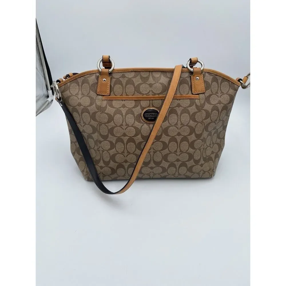 Coach Peyton Signature Pocket Tote Messenger Bag Tan Brown Crossbody Strap